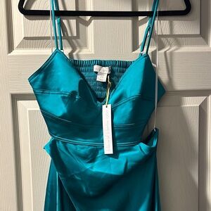 House of Harlow 1960 Teal Satin Slip Dress with V-Neck